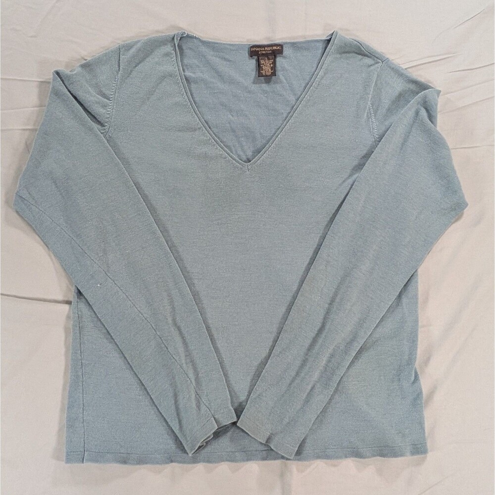 Banana Republic Sweater Large Blue V Neck Pullover Silk/Nylon Blend Preppy